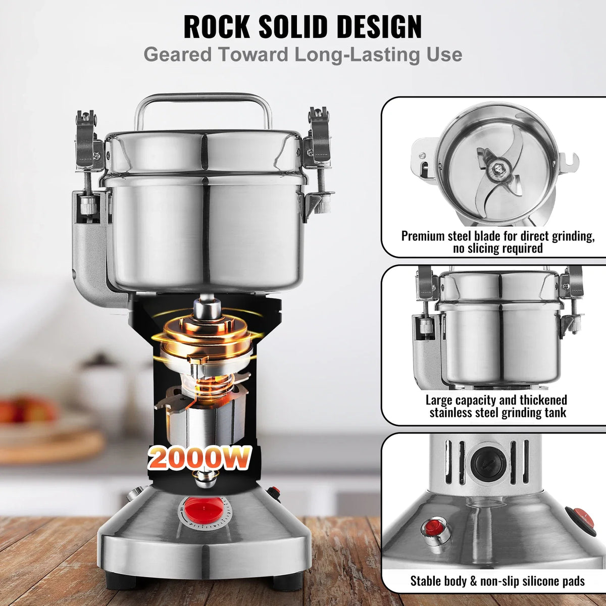 550g Electric Grain Mill Grinder, High Speed 2000W Commercial Spice Grinders, Stainless Steel Pulverizer Powder Machine