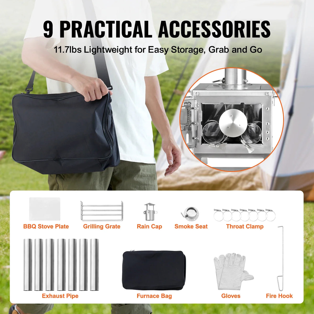 Wood Stove 80 in Stainless Steel Camping Tent Stove Portable Wood Burning Stove with Chimney Pipes & Gloves 700in³Firebox