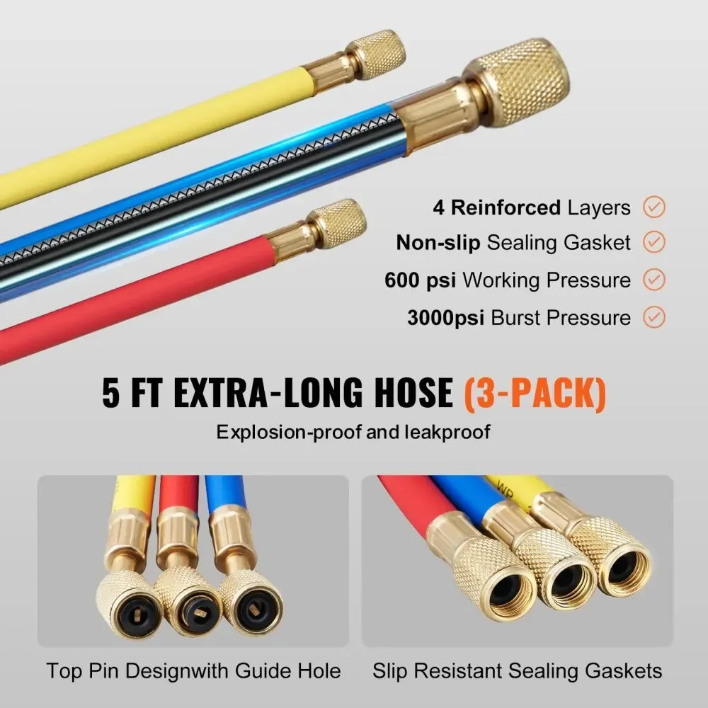3 Way & 4 Way AC Gauge AC Manifold Gauge Set for R134A R22 R12 R502 with 5ft Hose Work on Car Freon Charging&Evacuation