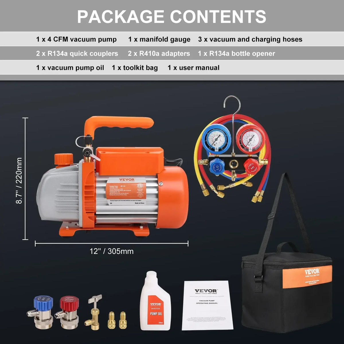 1/4 HP 4.5 CFM AC Vacuum Pump and Gauge Set, Single Stage  Air Vacuum Pump A/C Refrigerant Kit Manifold Gauge Set