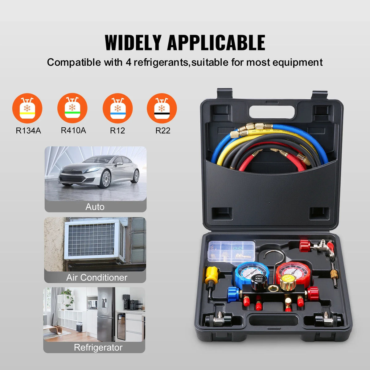 4 Way AC Gauge - AC Manifold Gauge Set for R134A R22 R12 R410A Refrigerant,Freon Gauges with 5ft Hoses, Couplers, Can Tap