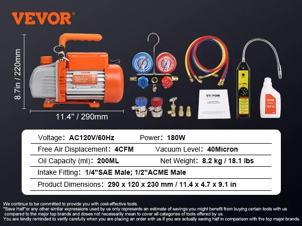 3.5/4CFM Single Stage Rotary Vane HVAC Air AC Vacuum Pump & A/C Refrigerant Kit Manifold Gauge Set for Air Conditioning