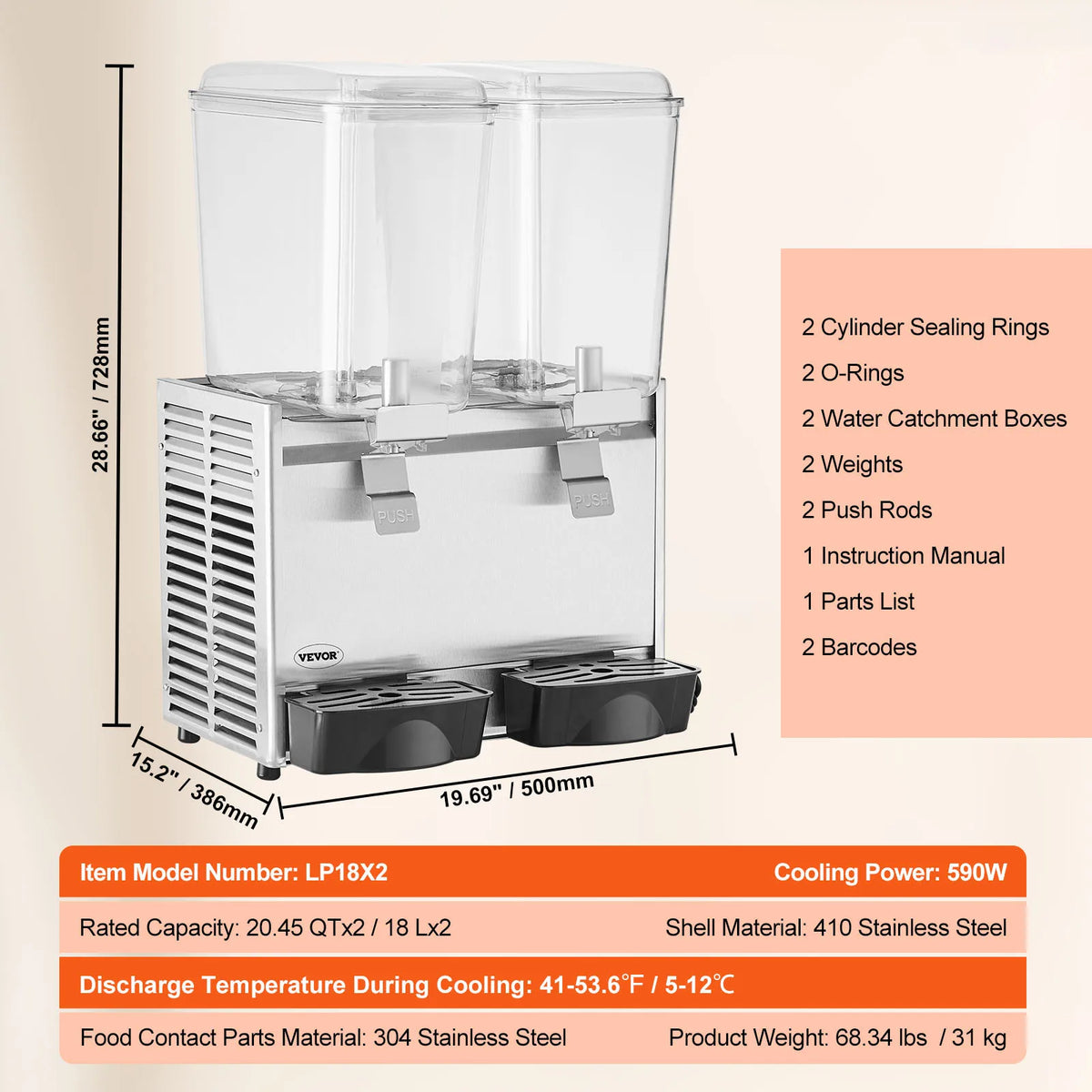 Commercial Beverage Dispenser, 18L X 2 Tanks Ice Tea Drink Machine, 590W 304 Stainless Steel Juice Dispenser, for Party