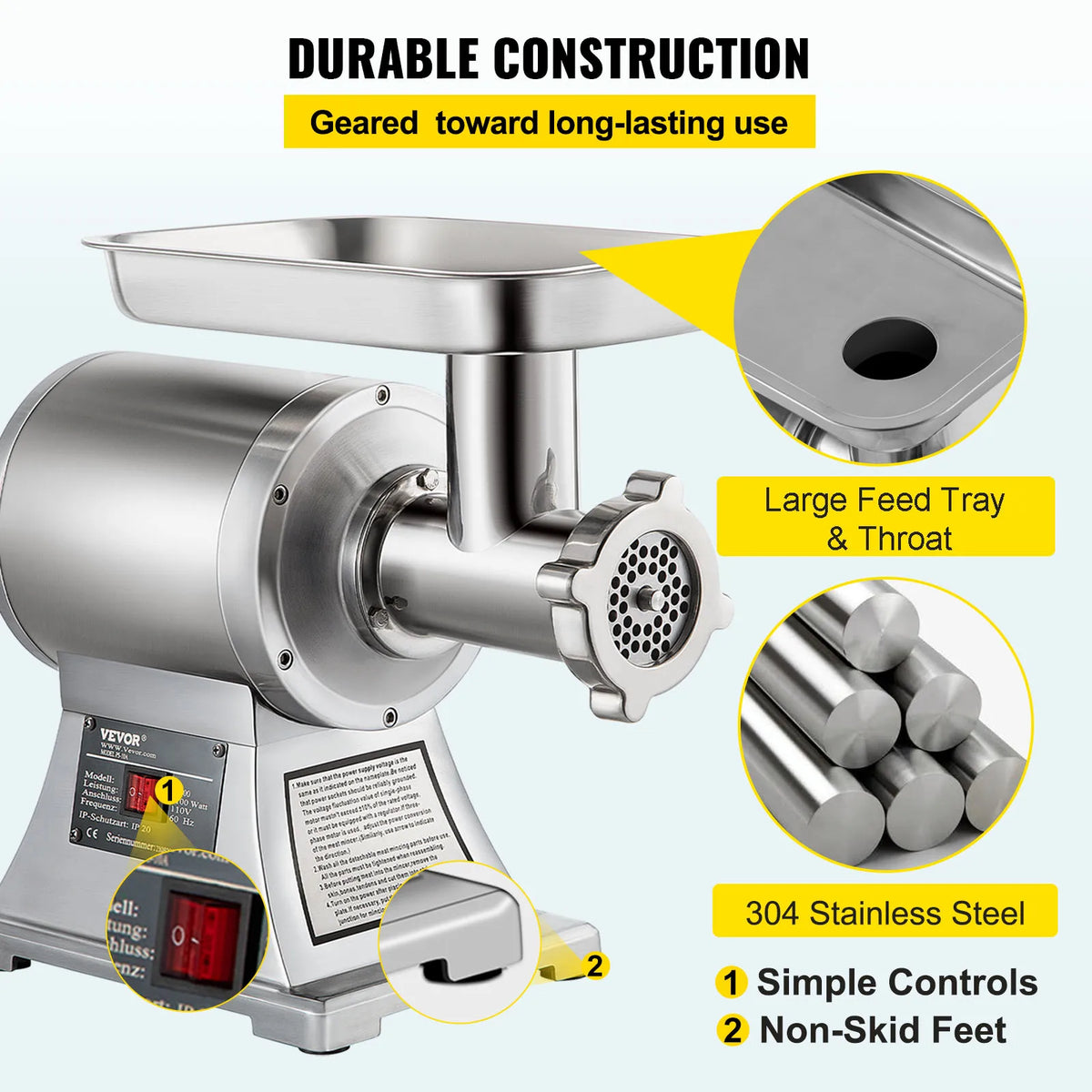 Commercial Meat Grinder 550LB/h Electric Sausage Maker Stainless Steel with 2 Blades, Grinding Plates & Stuffing Tubes
