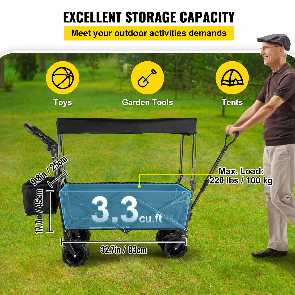 Extra Large Collapsible Garden Cart with Removable Canopy,  Wagon Cart for Garden, Camping, Grocery Cart, Shopping Cart