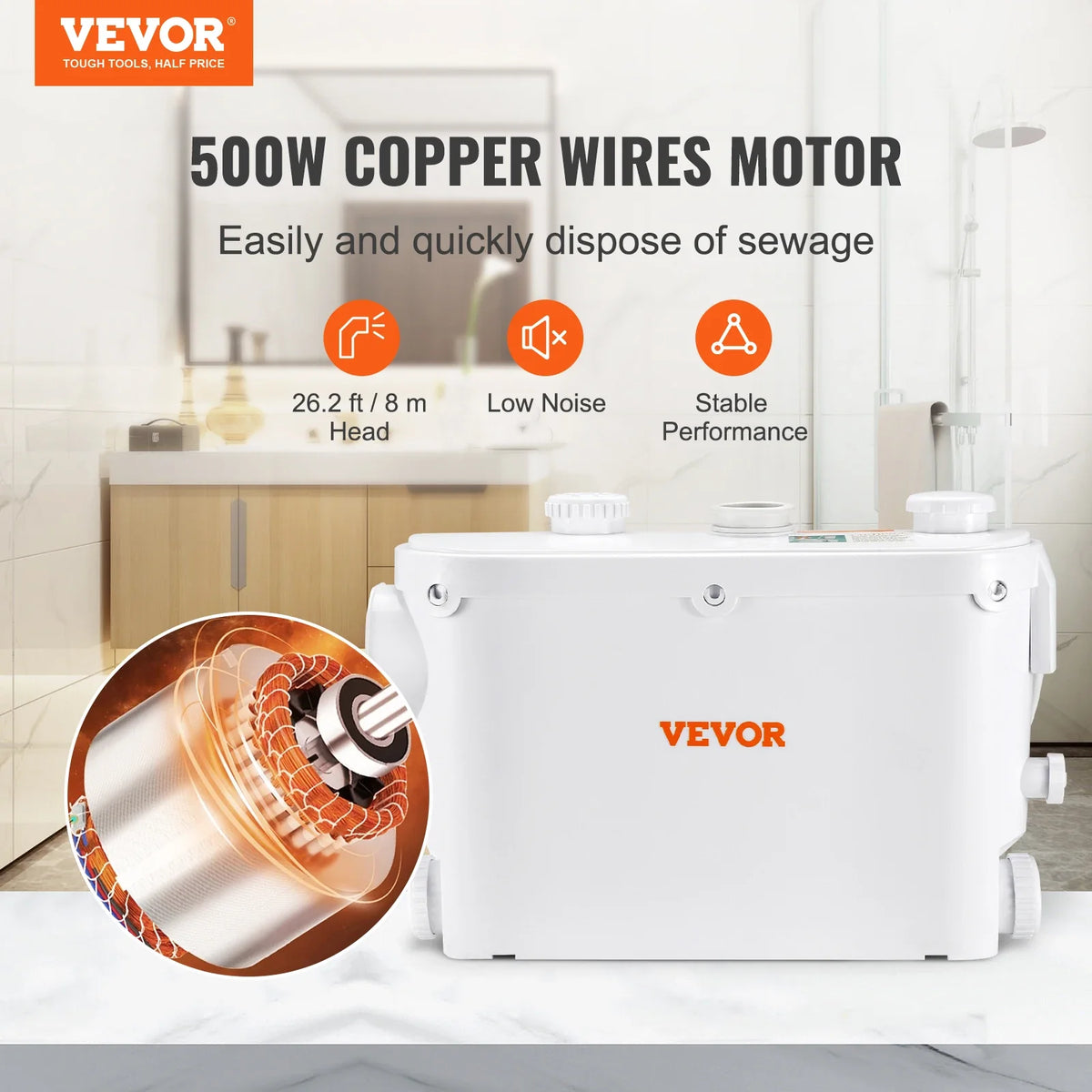 Macerator Pump, 500W, 6600 L/h Flow,26.2 ft/8 m Head, Macerator Sewerage Sump Pump with 3 Water Inlets for Toilet,Kitchen
