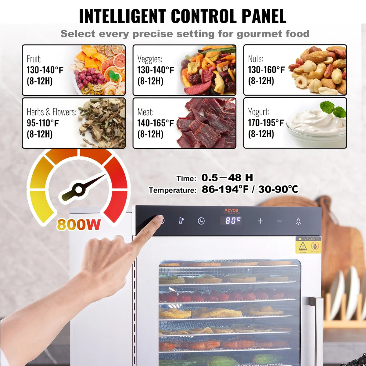 10 Trays Food Dehydrator Stainless Steel Machine 800W/1000W Household Vegetables Fruit Dryer with Digital Timer for Home