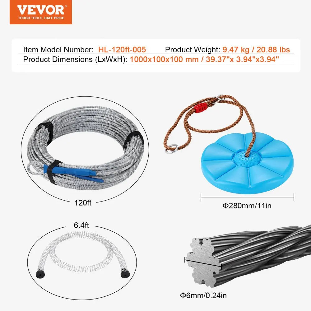 60/80/100/120 FT Zipline Kit Up to 500 lbs Backyard Outdoor Playground Entertainment Stainless Steel Safety Harness Seat