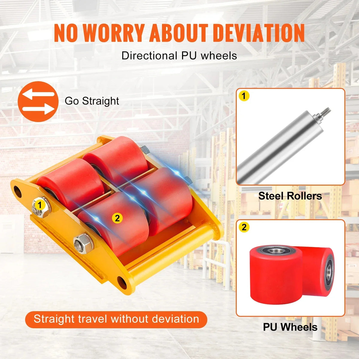 Machinery Skate Dolly 6T Industrial Mover with 4 PU Wheels and 360° Rotation Non-Slip Cap for Warehouse Workshop Factory