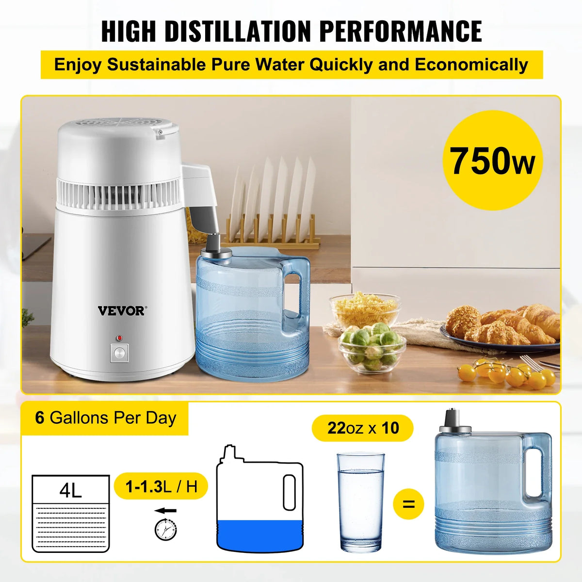 Water Distiller 4L Inner Stainless Steel Water Distillation 750W Water Purifier Filter Water Distiller w/Collection Bottle