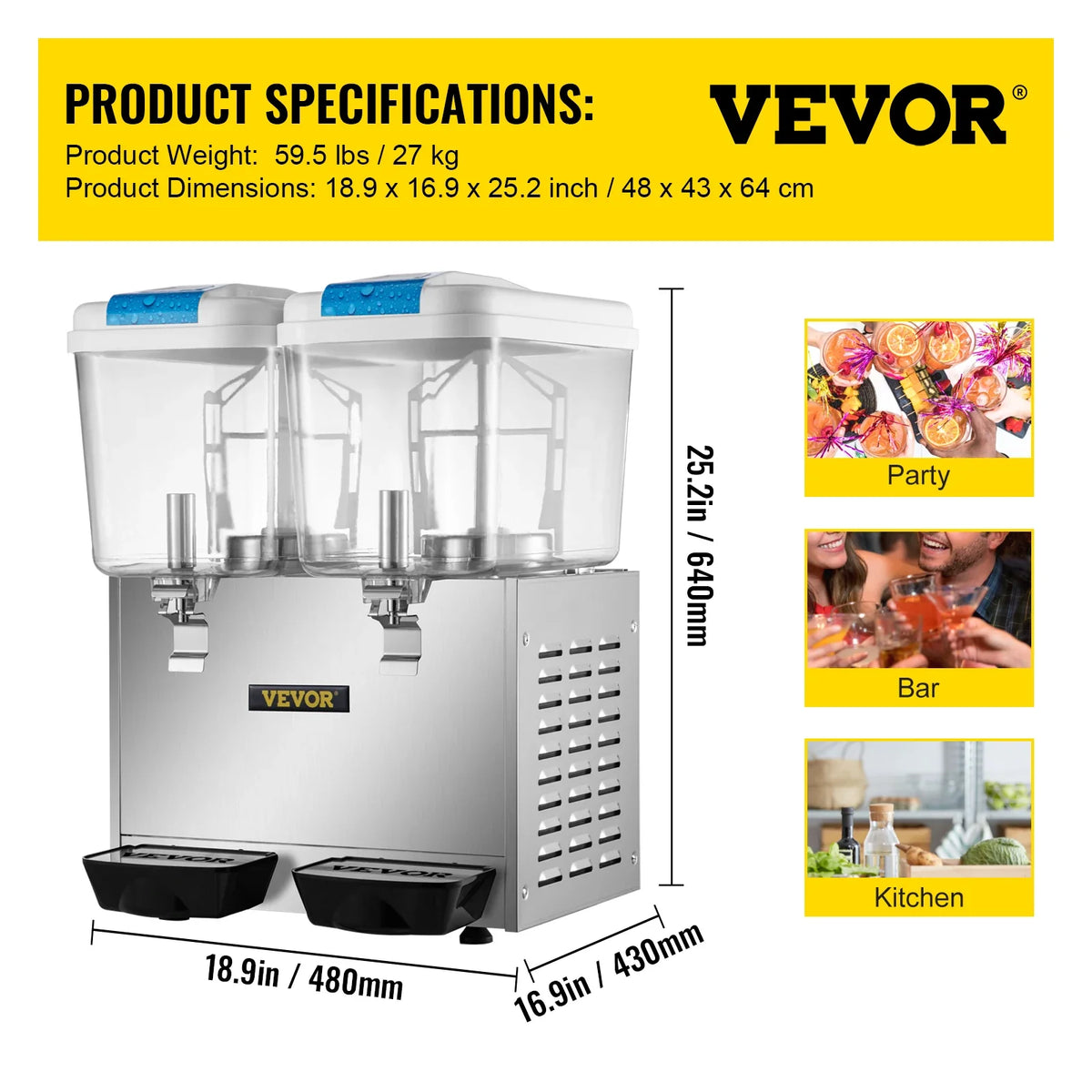 Commercial Beverage Dispenser 18L 1/2/3 Tank Cold Beverage Dispenser Stainless Steel Juice Dispenser Thermostat Controller