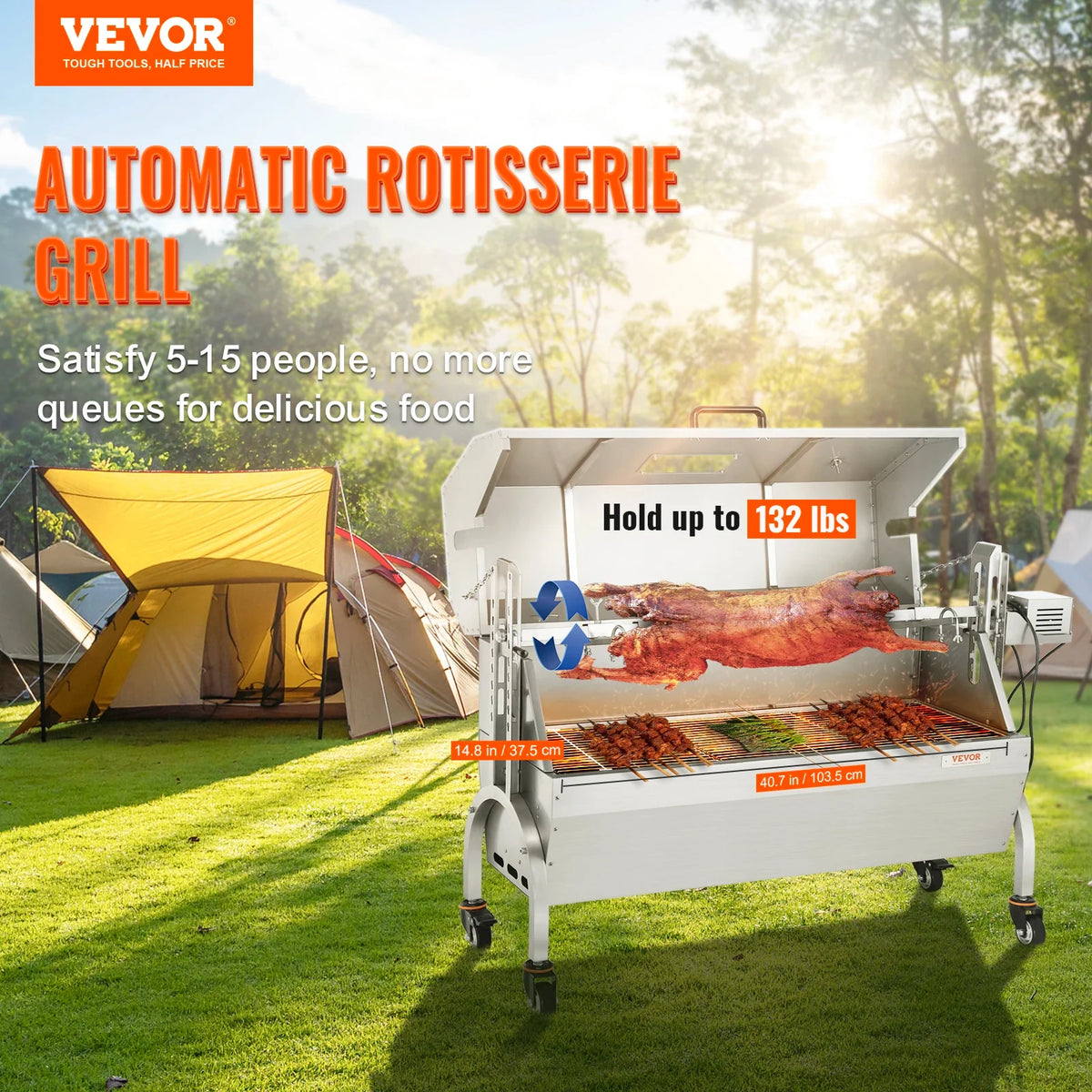 Stainless Steel Rotisserie Grill w/Hooded Cover,BBQ Whole Pig Lamb Charcoal Spit Grill,50W Motor BBQ Hog Rotisserie Roaste