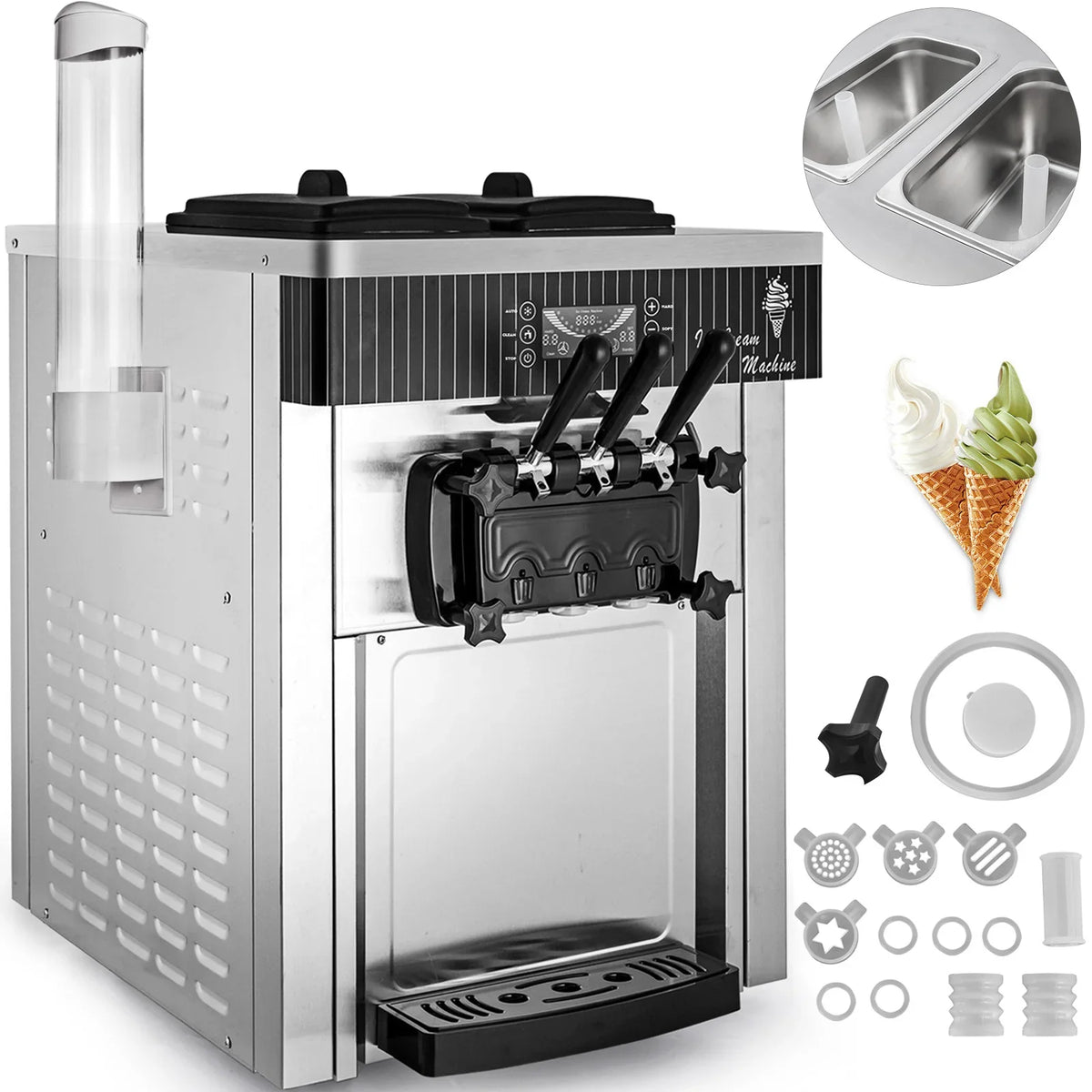 Commercial Ice Cream Machine 5.3 to 7.4Gal per Hour Soft Serve with LED Display Auto Clean 3 Flavors for Restaurants,2200W
