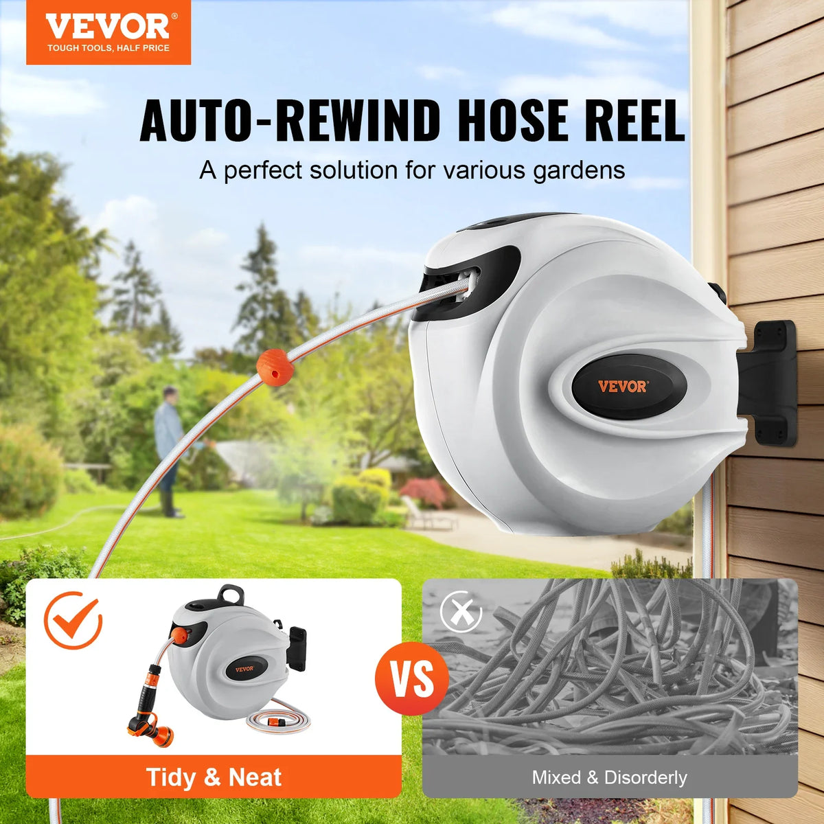 Retractable Hose Reel 82 feet x 1/2 inch 180° Swivel Bracket Wall-Mounted Garden Water Hose Reel with 9-Pattern Nozzle