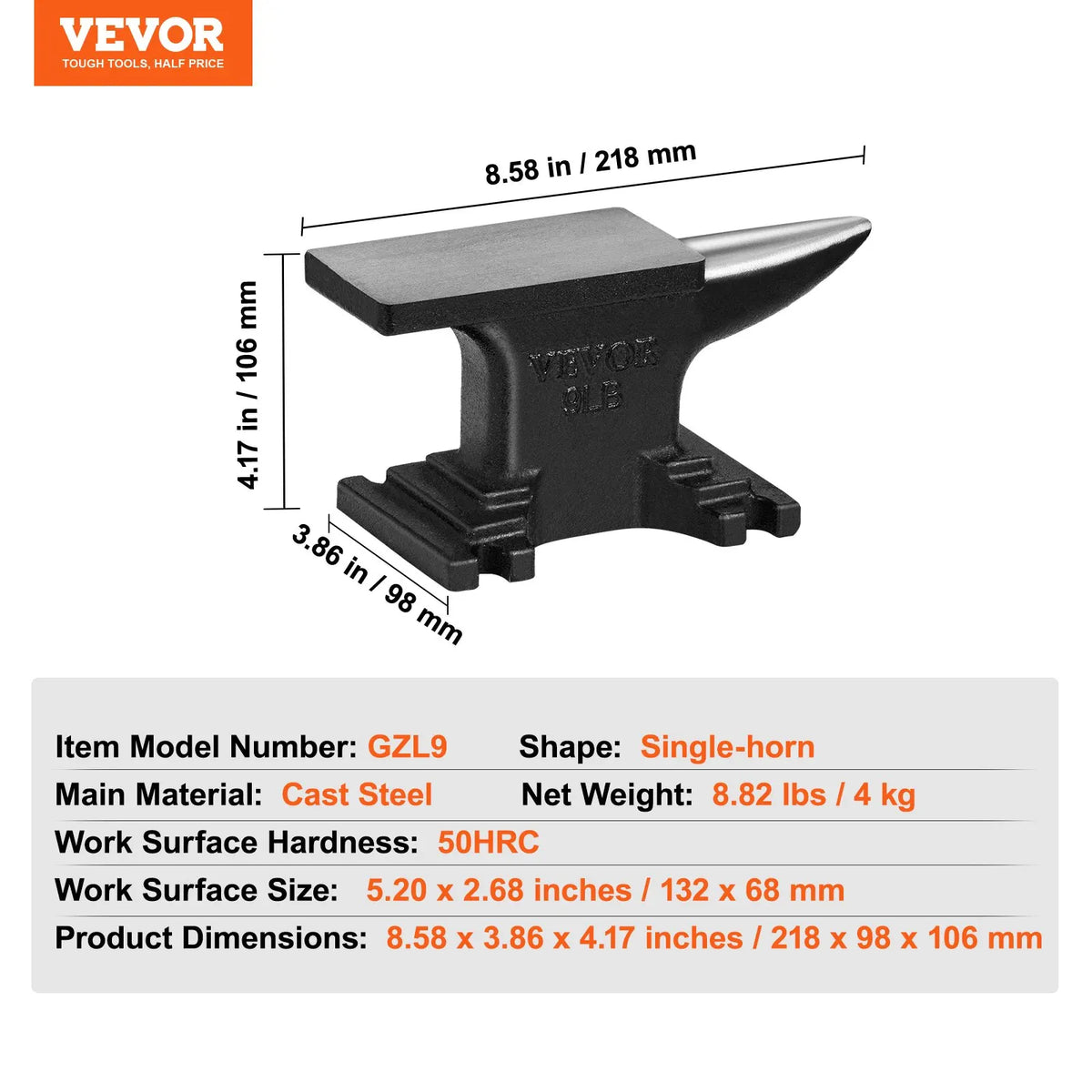 Single Horn Anvil,9/22/66 Lbs Cast Steel Anvil High Hardness Rugged Round Horn Anvil Blacksmith with Round and Square Hole