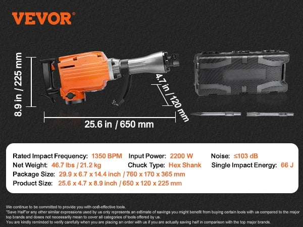 Demolition Jack Hammer, 2200W Electric Jackhammer Heavy Duty, 1350 BPM Concrete Breaker, 2pcs Chisels Bit Chipping