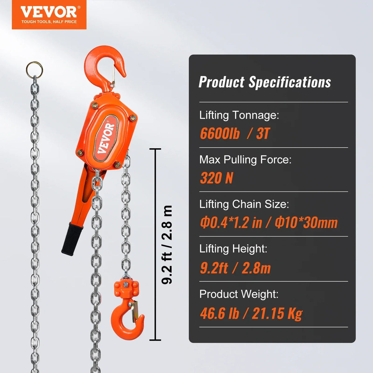 Manual Lever Chain Hoist 0.75/1.5/3/6Ton 10/20 FT Come Along G80 Galvanized Carbon Steel Auto Chain Leading for Garage
