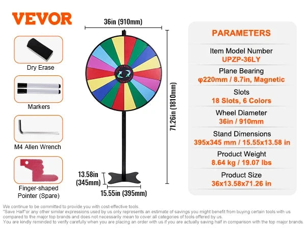 18/24/36 inch Spinning Prize Wheel 14 Slots Spinning Wheel Tabletop or Floor Standing Win Fortune Spin Games in Party Pub