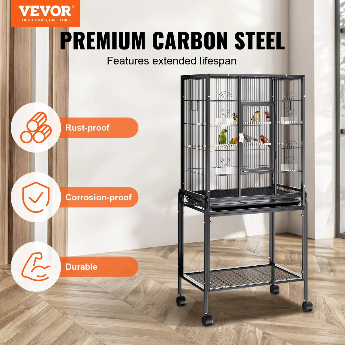 52/54inch Standing Large Bird Cage, Wrought Iron Flight Bird Cage for Cockatiels ,Parrots, Macaw w/Rolling Stand and Tray