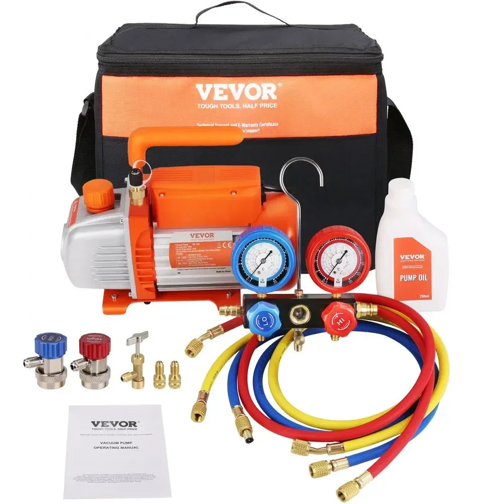 1/4 HP 4.5 CFM AC Vacuum Pump and Gauge Set, Single Stage  Air Vacuum Pump A/C Refrigerant Kit Manifold Gauge Set