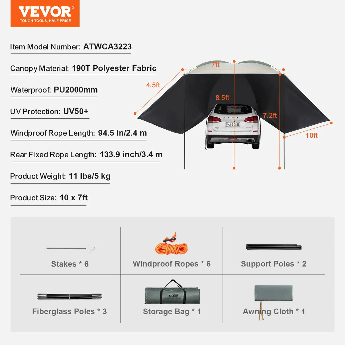 Car Side Awning 4.6"x6.6" Shade Coverage Vehicle Awning PU3000mm UV50+ Retractable Car Awning for Truck/SUV/Van/Campers