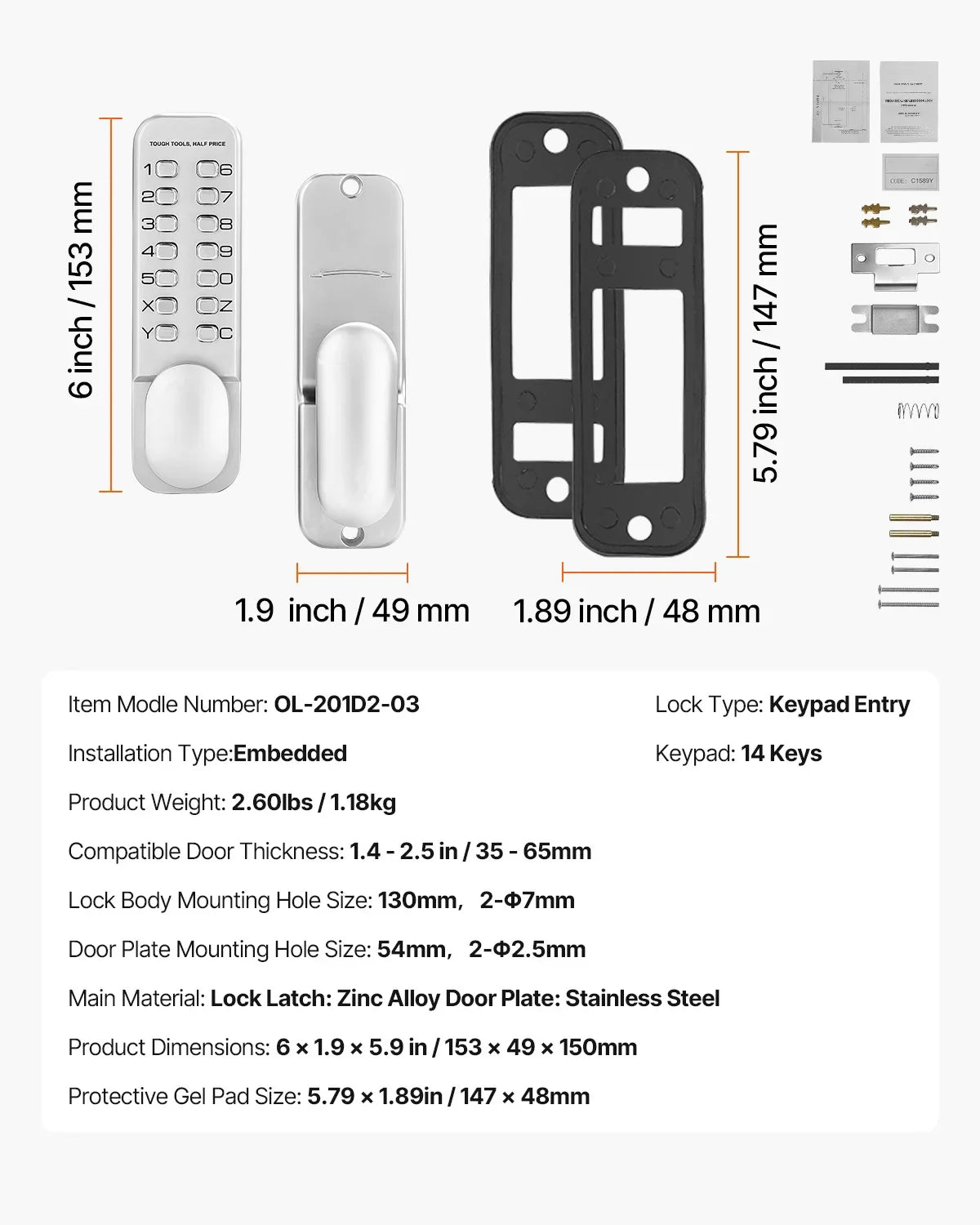 Mechanical Keyless Entry Door Lock 14 Key Mechanical Door Lock Mechanical Keypad Door Knob Single-Side Keyless Gate Lock