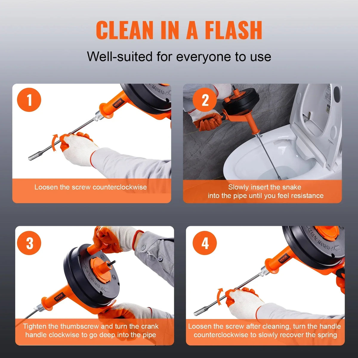 Drain Auger 25Ft Manual-feeding Plumbing Snake with Drill Attachment Drain Clog Remover Toilet Sewer Pipe Dredge for Home
