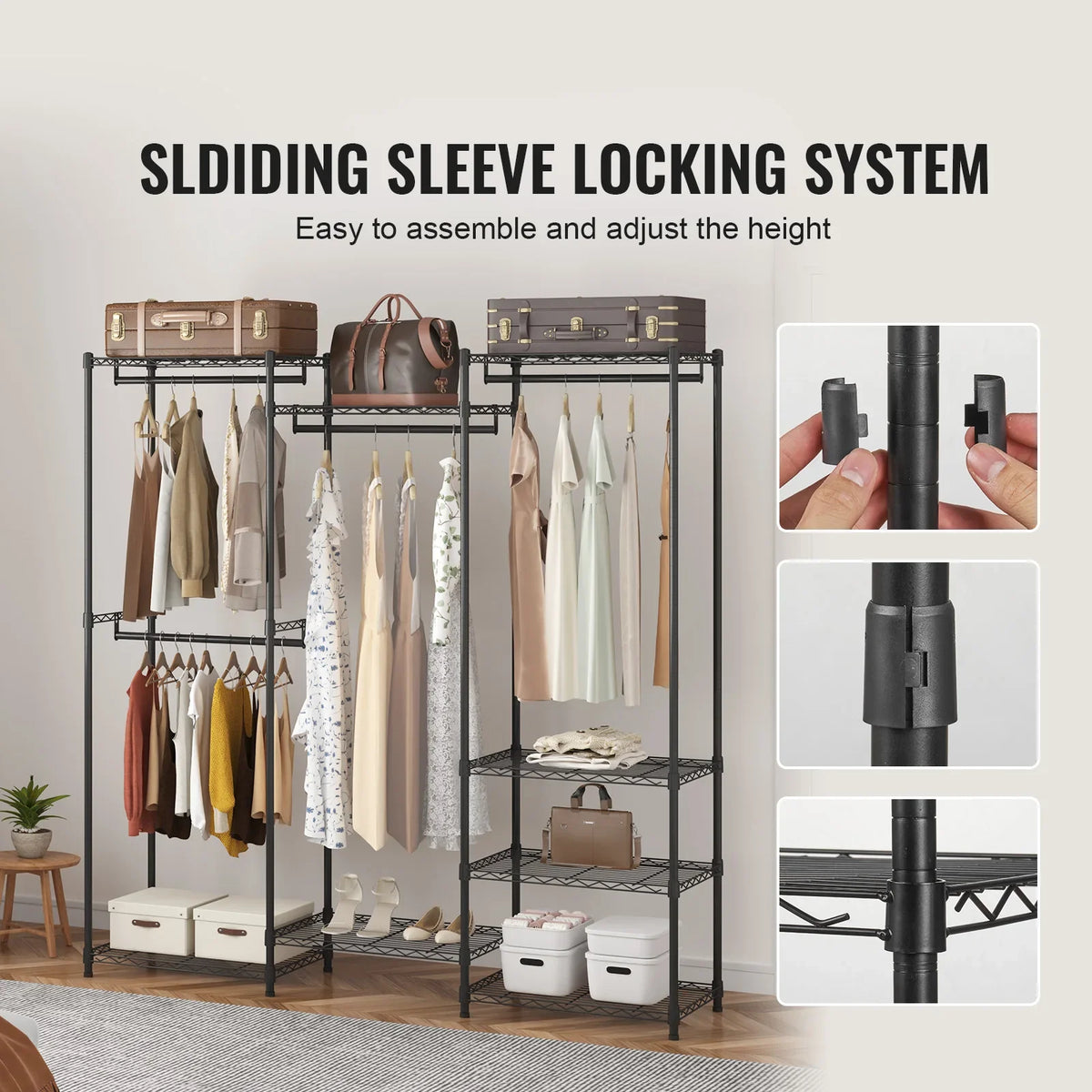 Floor Clothes Rack Rolling Clothing Garment Rack Adjustable Rack Movable Floor Wardrobe for Hanging Clothes 800lbs Load