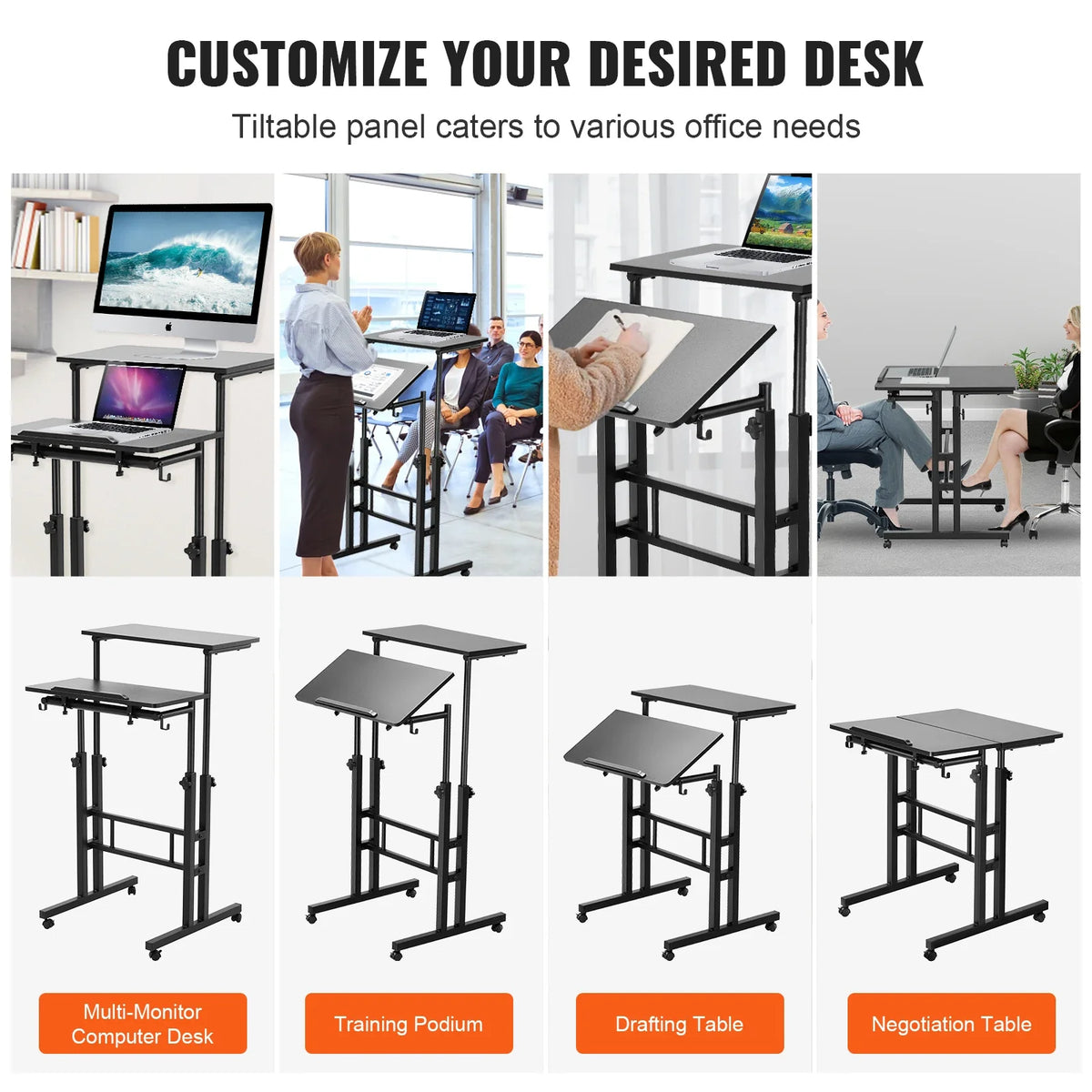 Mobile Standing Desk 26.4"-44.9" Gas-Spring Height Adjustable Sit-Stand Desk, Home Office Rolling Laptop Table  for Home