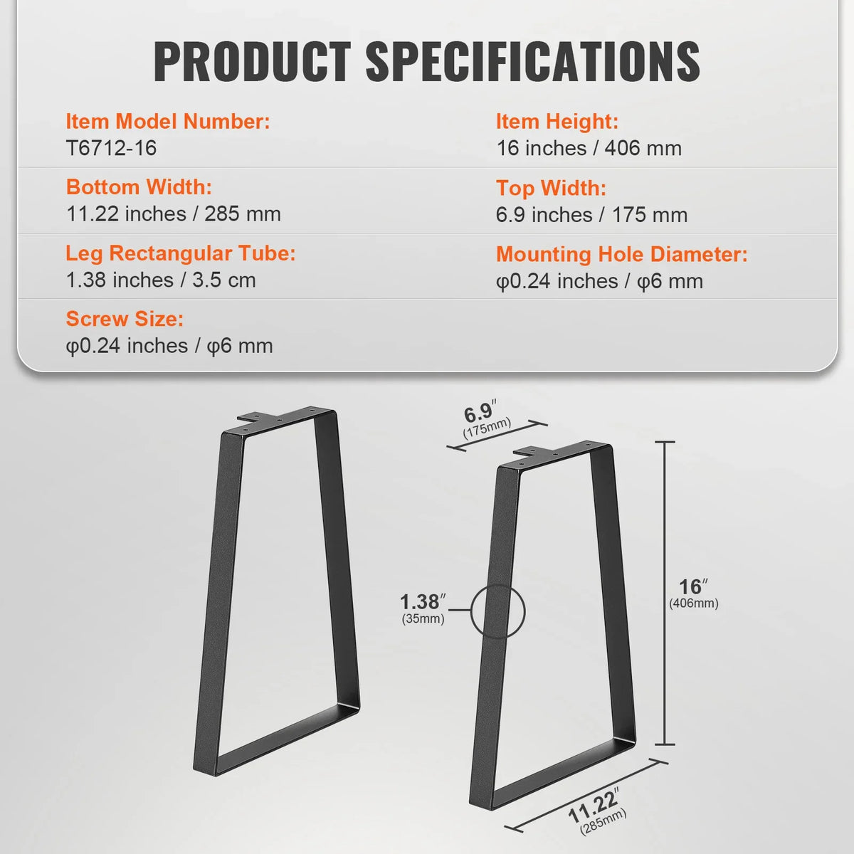 16inch Trapezoid Steel Table Legs Replacement Furniture Legs Set of 2 for DIY Coffee Tables Desks Bench Night Stands Sofa