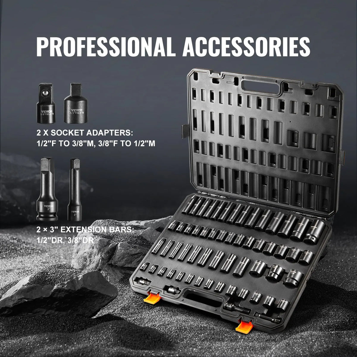 Impact Sockets Set 59pcs 6-Point 3/8" & 1/2" Drive Bit Ratchet Tool Kit Alloy Steel for Auto Repair, Easy-to-Read Markings