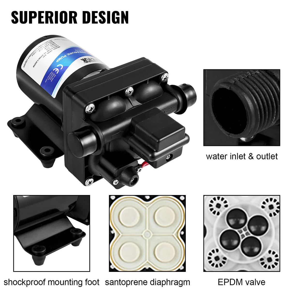 Fresh Water Pump 3 GPM with Pressure Switch 45 PSI Detachable Strainer 12V Diaphragm Pump for RV Camper Marine Boat Lawn