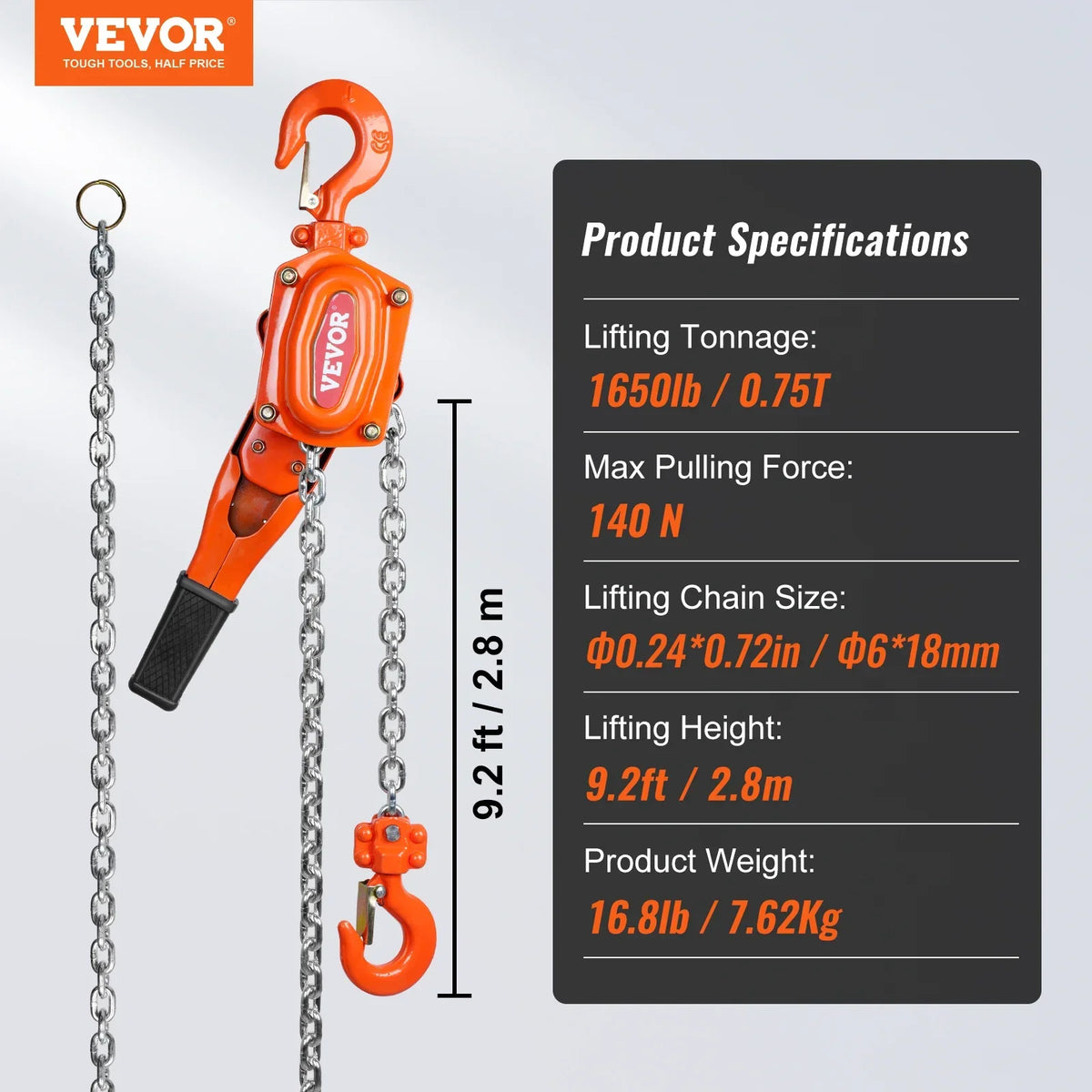 Manual Lever Chain Hoist 0.75/1.5/3/6Ton 10/20 FT Come Along G80 Galvanized Carbon Steel Auto Chain Leading for Garage