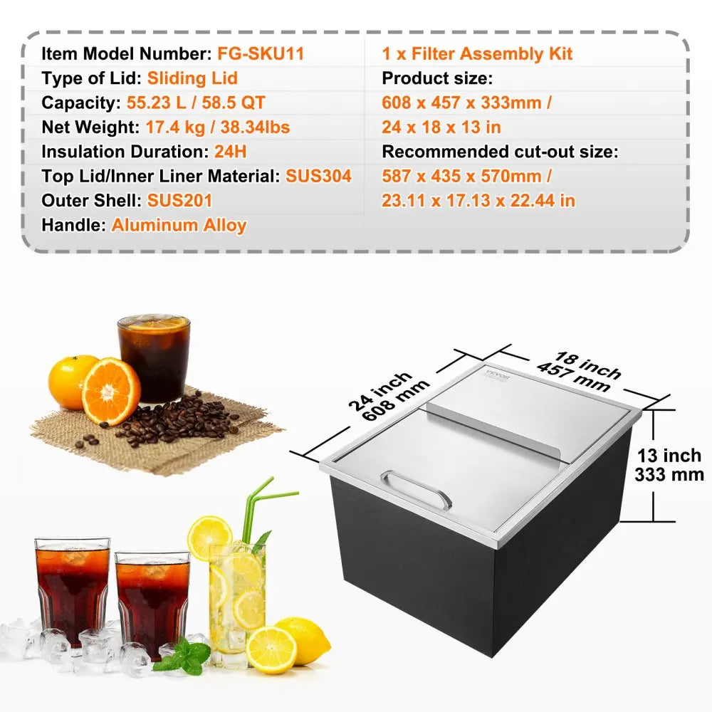 Drop in Ice Chest,Stainless Steel Ice Cooler,Ice Bin with Sliding Cover,40.9qt Outdoor Kitchen Ice Bar,for Cold Wine Beer