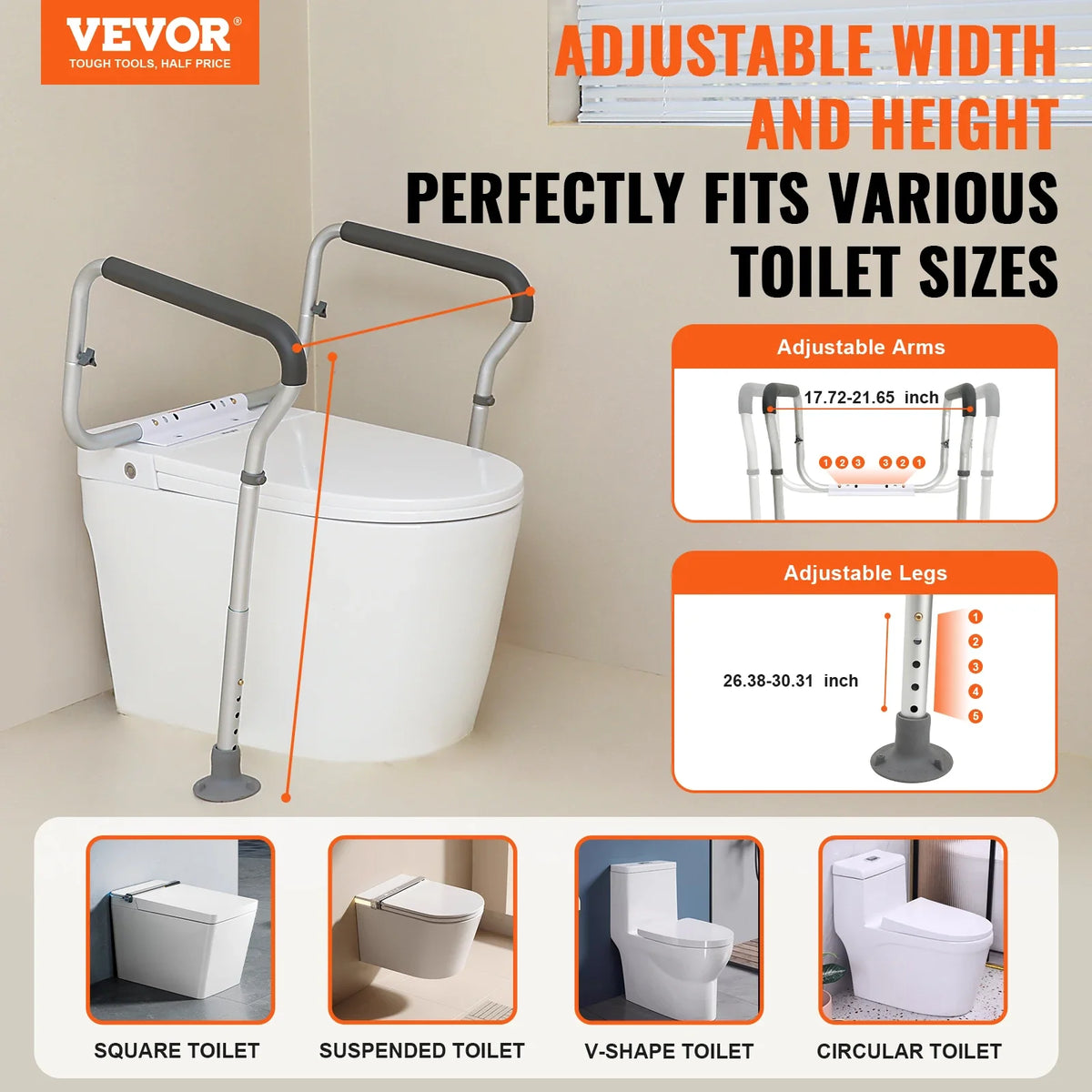 Toilet Safety Rail, Bathroom Toilet Seat Frame Toilet Handles Grab Bars with Padded Armrests for Handicap Disabled Seniors