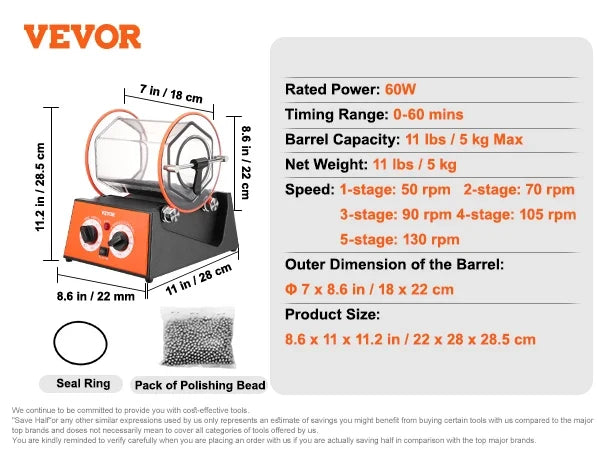 Jewelry Polisher Tumbler, 3/5kg Capacity Mini Rotary Tumbler Machine w/0-60 Minutes Timer,5 Speeds Jewelry Rotary Finisher