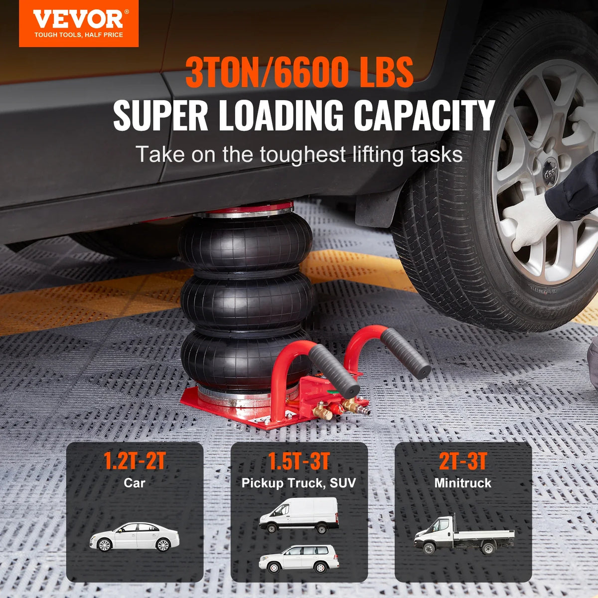 3 Ton/6600 lbs Triple Bag Air Jack 3-5 s Fast Lifting Pneumatic Jack, with Side Handles for Car Garage Repair