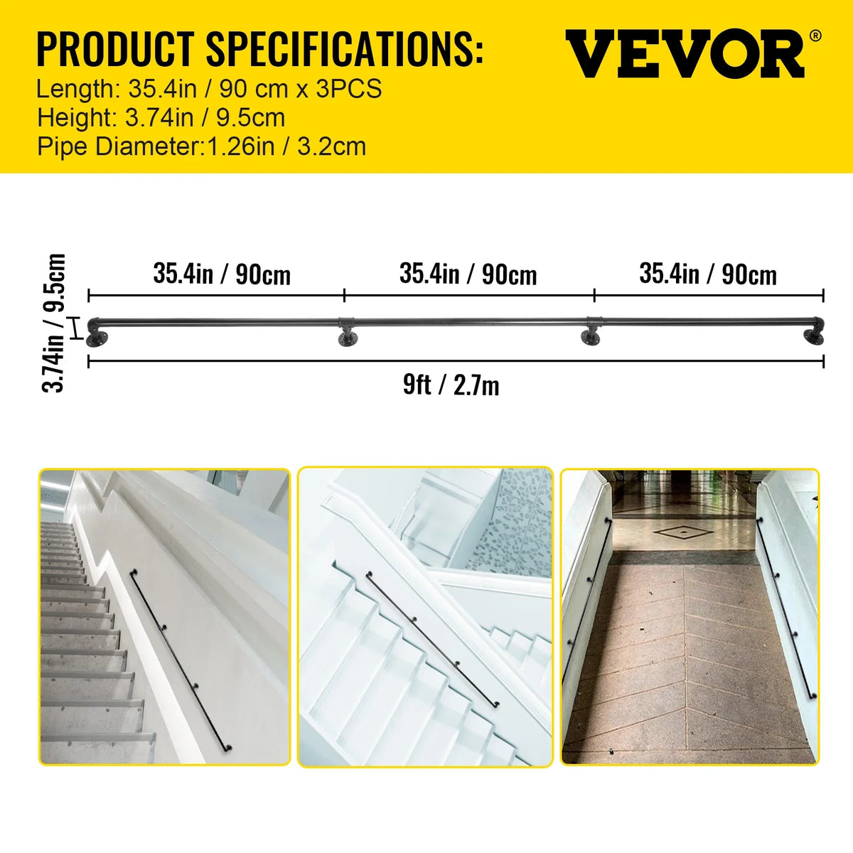 Stair Handrail Outdoor Safety Handrailings Loadable Staircase Hand Rail Stairway Straight Grab Support Round Corner Wall
