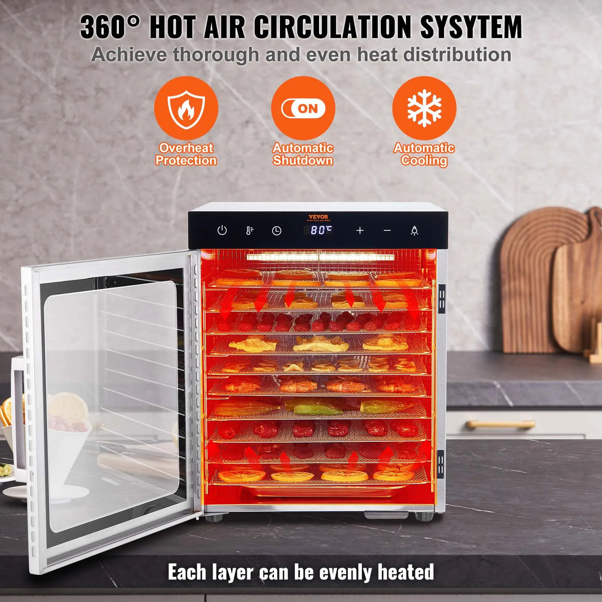 10 Trays Food Dehydrator Stainless Steel Machine 800W/1000W Household Vegetables Fruit Dryer with Digital Timer for Home