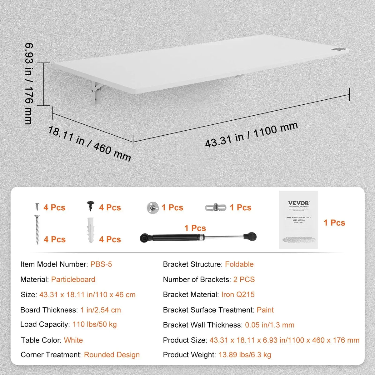 Wall Mounted Folding Table Wall Mount Drop Leaf Table, Floating Desk with Iron Bracket, Wall Desk Fold Down