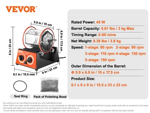 Jewelry Polisher Tumbler, 3/5kg Capacity Mini Rotary Tumbler Machine w/0-60 Minutes Timer,5 Speeds Jewelry Rotary Finisher