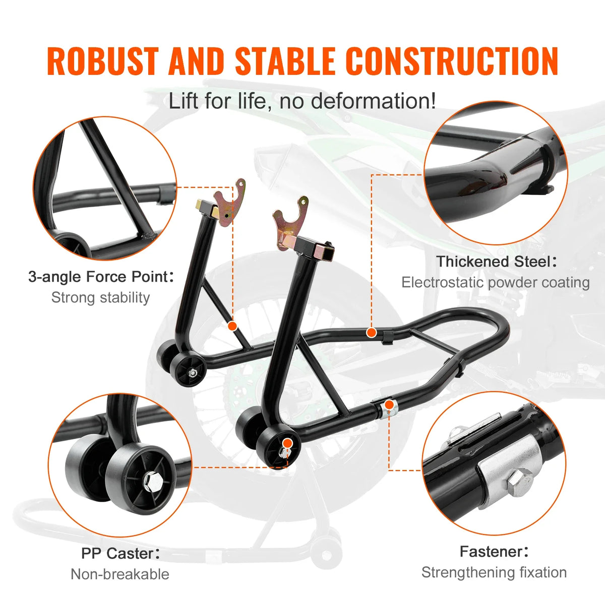 Motorcycle Rear Wheel Stand with U + L Fork Swingarm Spool 850 lbs Capacity for Suzuki Yamaha Honda Kawasaki
