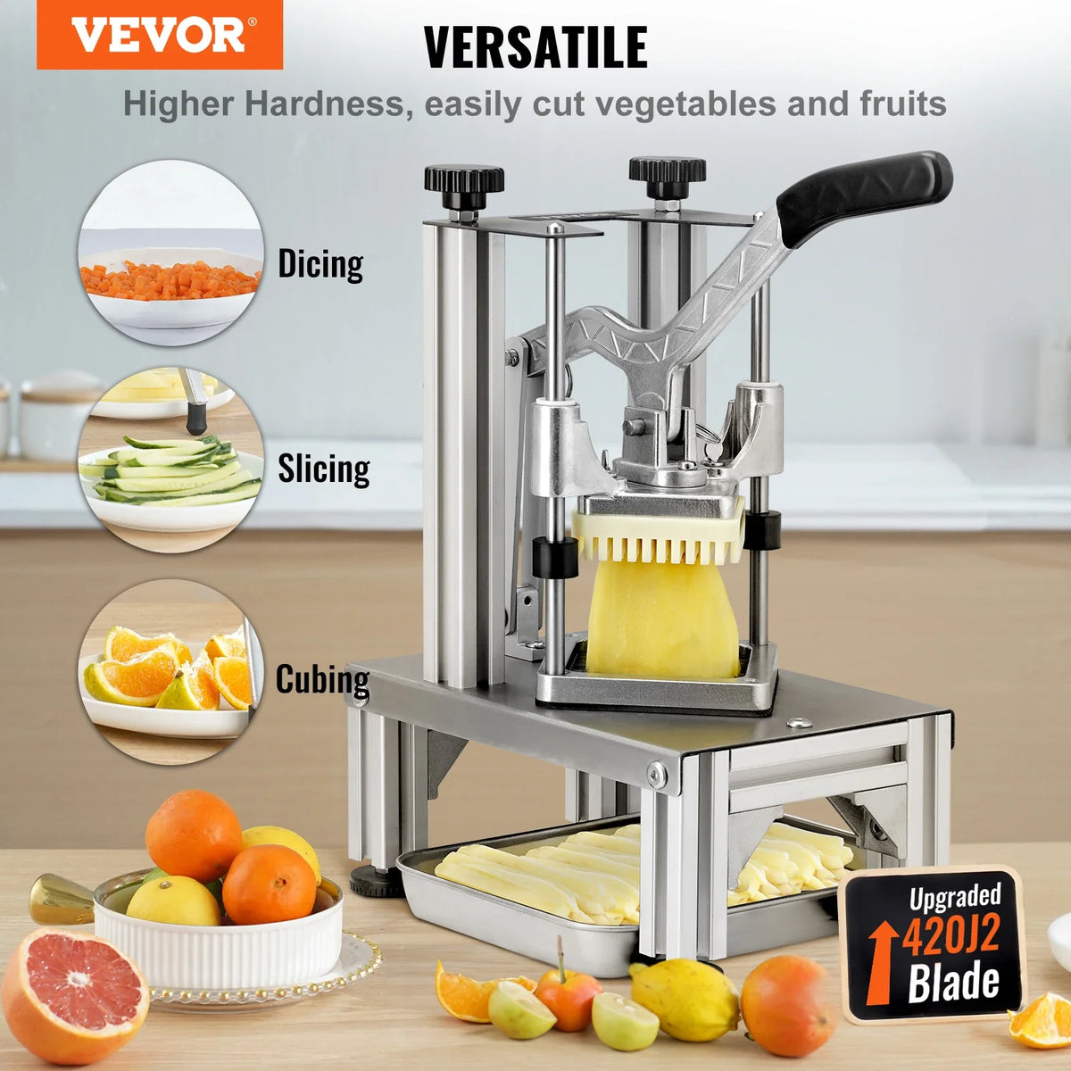 Commercial French Fry Cutter w/ 4 Replacement Blades, Different sizes Blade Chopper, 6-wedge Slicer & 6-wedge Apple Corer