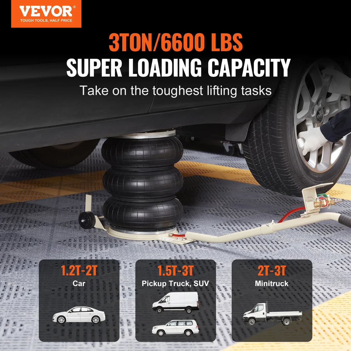 3 Ton/6600 lbs Triple Bag Air Jack, with Six Steel Pipes, 3-5 s Fast Lifting  with Long Handles for Cars Garages Repair