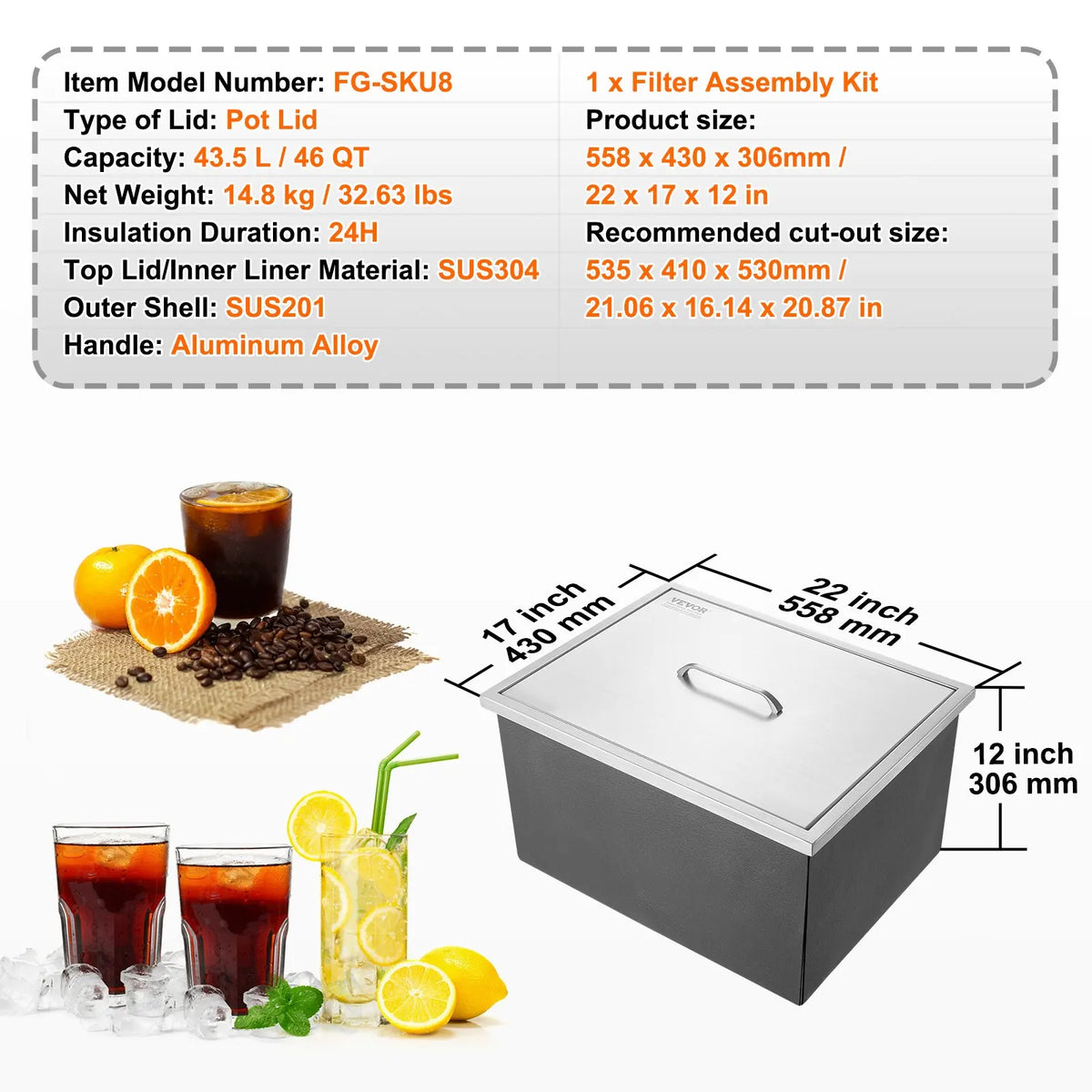 Drop in Ice Chest,Stainless Steel Ice Cooler,Commercial Ice Bin with Cover,Outdoor Kitchen Ice Bar,for Cold Wine Beer