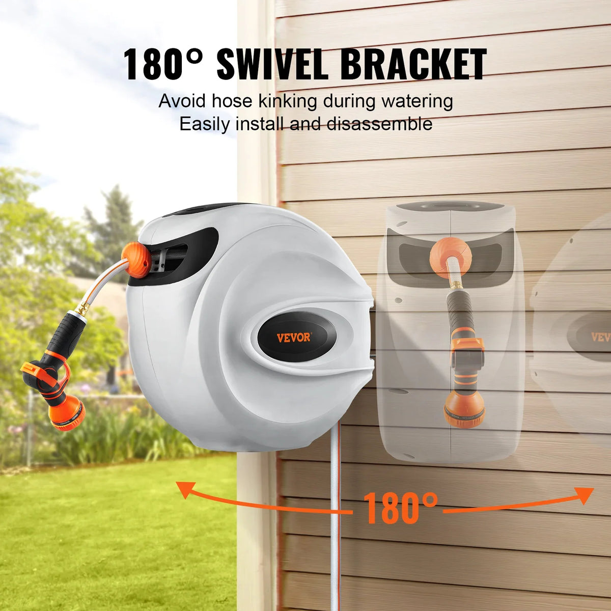 Retractable Hose Reel 82 feet x 1/2 inch 180° Swivel Bracket Wall-Mounted Garden Water Hose Reel with 9-Pattern Nozzle