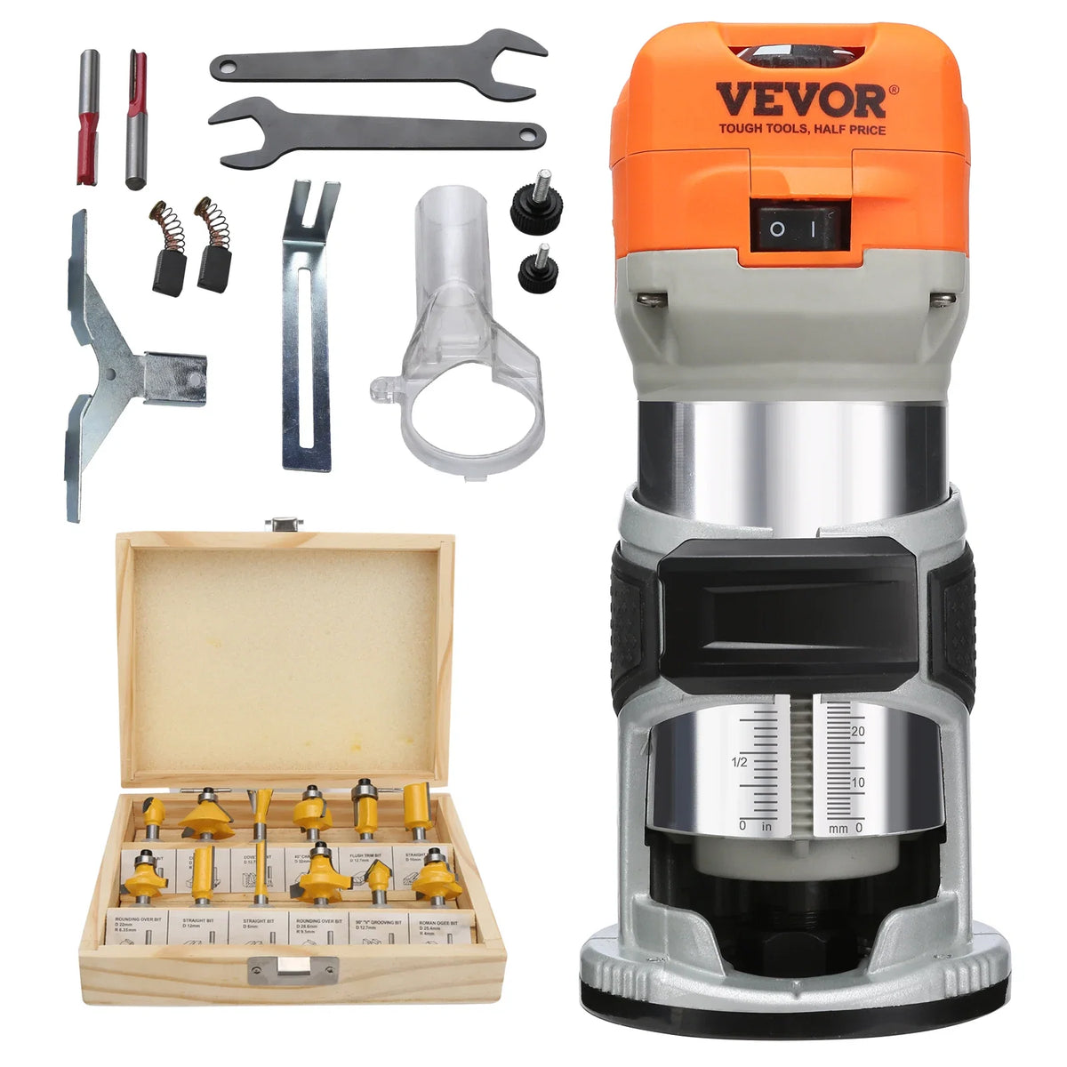 Wood Router 1.25HP 800W Compact Wood Trimmer Combo Tool 30000RPM 6 Variable Speeds for DIY Woodworking Slotting Trimming