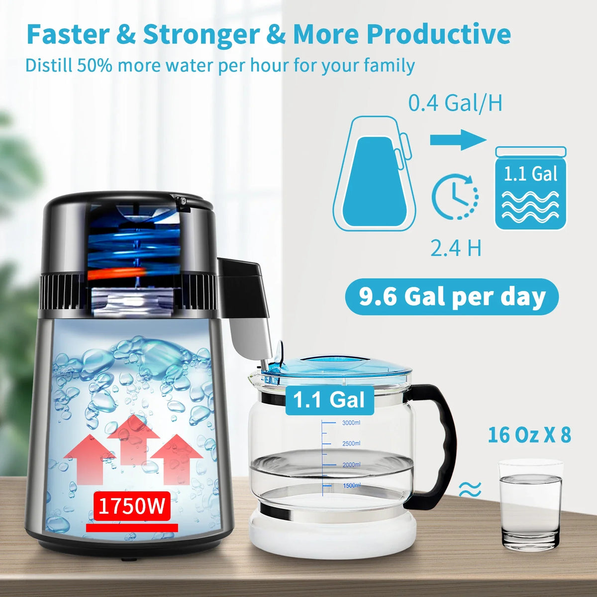 1.5L/H Distilling Speed 4L Water Distiller Treatmen Purifier Filter Timing Dual Temp Display 304 Stainless Home Appliance