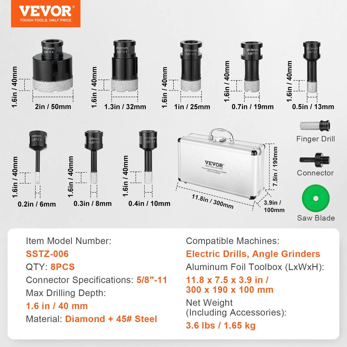 Diamond Core Drill Bit Set, 6/7/8/11PCS Diamond Hole Saw Kit, with 5/8"-11 Connector and Storage Case, for Dry and Wet