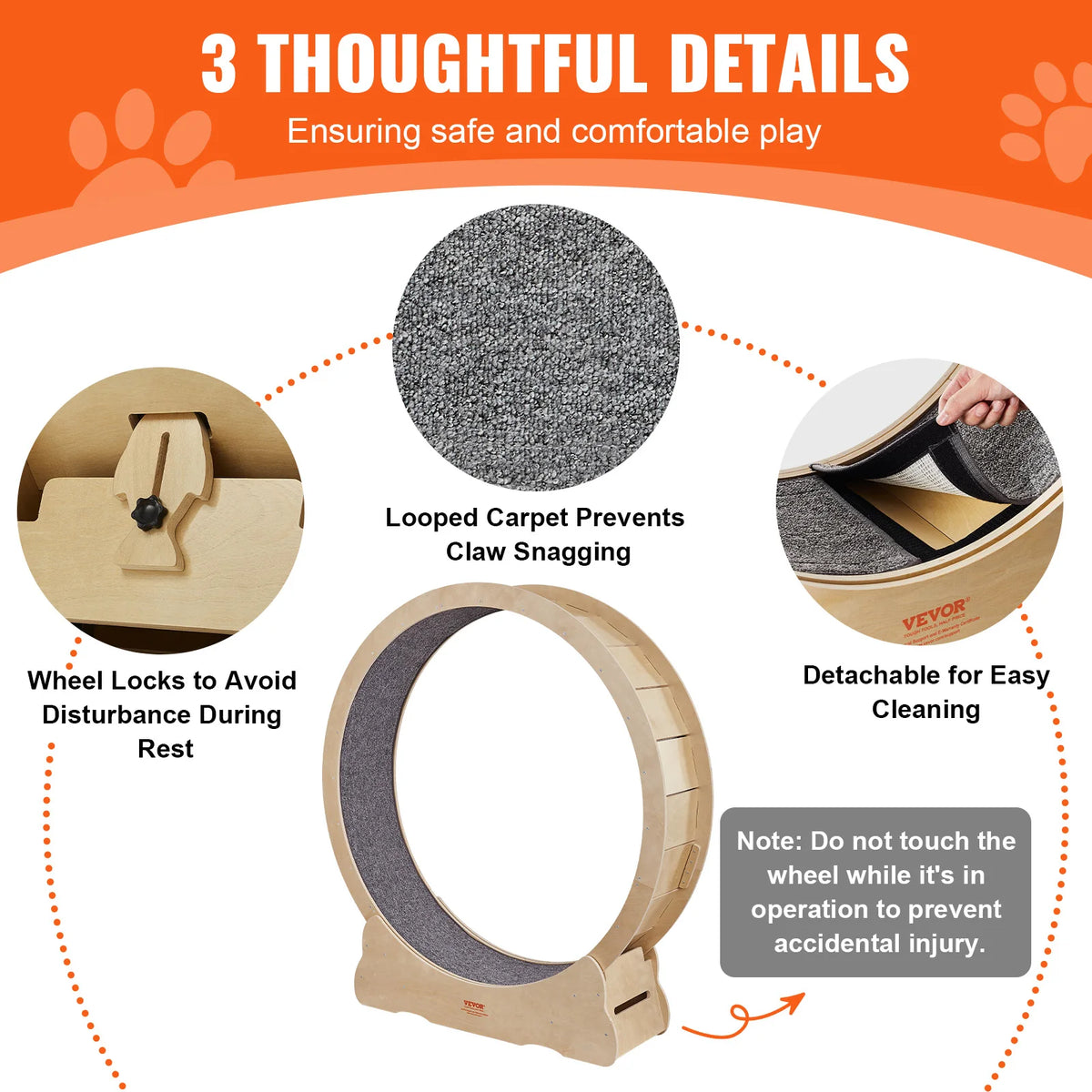 Cat Exercise Wheel Natural Wood Silent Running Toy Treadmill Roller Wheel with Detachable Carpet for Most Cats Pet Fitness